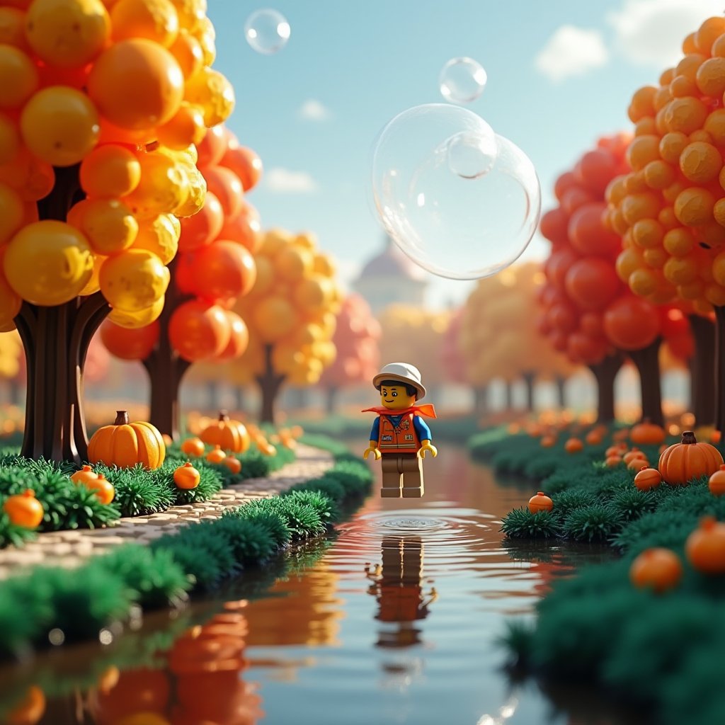 autumn scene, bubble floating, lego city