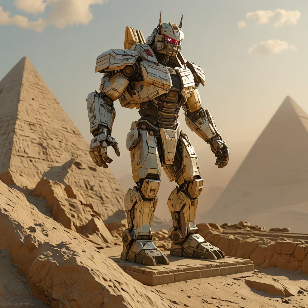 3d render, gavatron, transformer, standing, on the giza pyramid