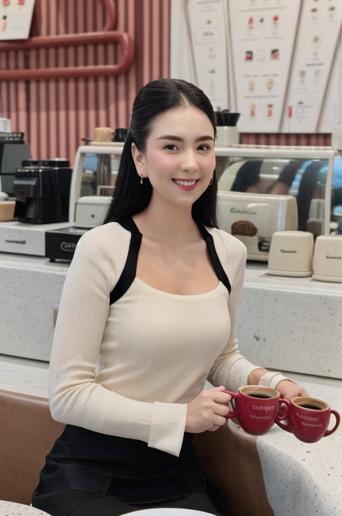 1girl, solo, long hair, looking at viewer, smile, shirt, black hair, holding, jewelry, sitting, earrings, bag, cup, table, holding cup, coffee mug, coffee shop, from side, black skirt, long sleeves, white shirt, face1,photorealistic, front view, 40 years old 