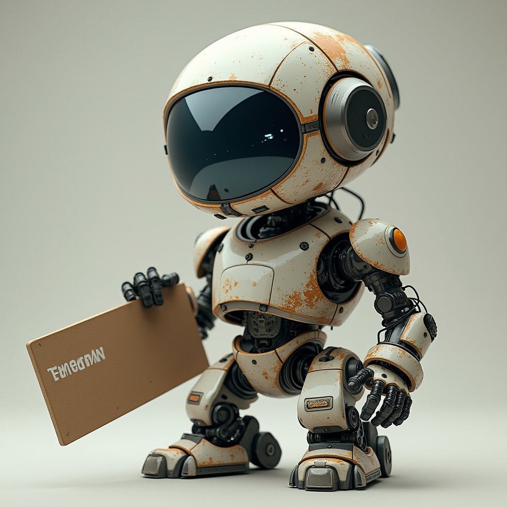 a sci-fi robot, holding a board, add text TensorArt