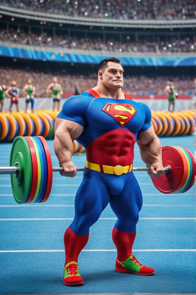 look at viewer, superman character, weightlifter, (lifting dozens of medals), weightlifting, in the stadium, a bunch of paparazzi, taking pictures, high quality, 8k, award-winning photos, surreal photos