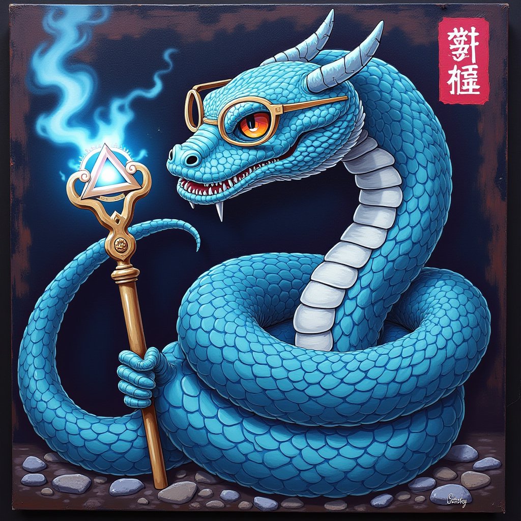 Japanese Oil Painting, Snake, wearing glasses, holding a magic staff, blue neon spell, pentagon, japanese text, full color