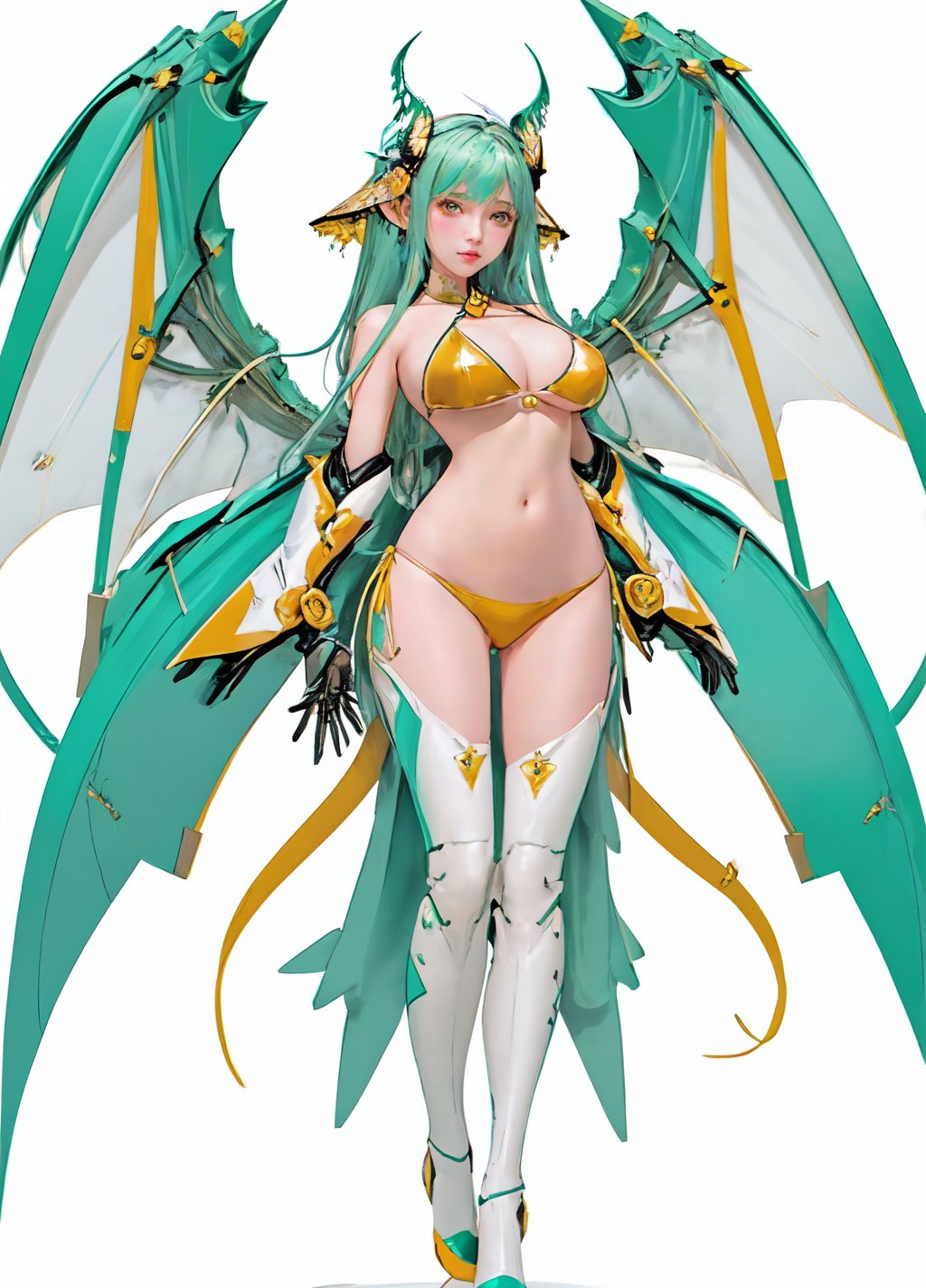 “best quality”, “masterpiece”, “illustration”, “1girl”, “solo”, “full body”, “mecha”, “machine”, “dragon ear”, “blank background”, wings of dragon, dragon tail, and “dragon horn”, green latex bikini, big boobs, camel pussy,