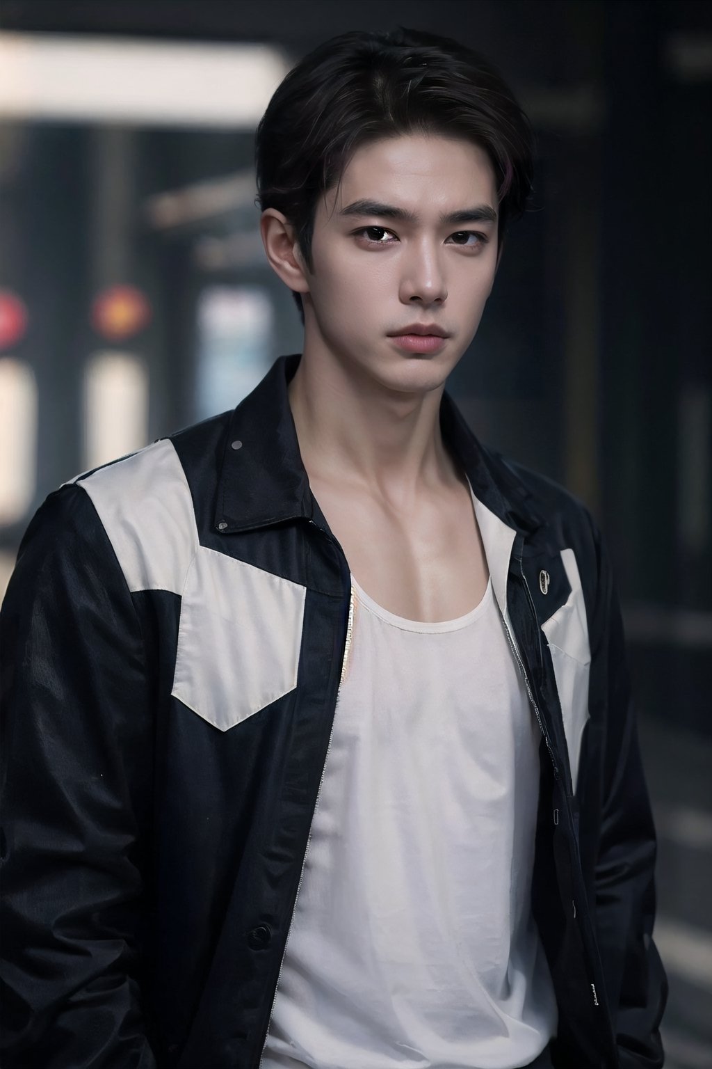 Masterpiece, Best Quality, (8k resolution), (ultra-detailed), perfection, 1boy, black hair, (blue jacket), undercut, muscle, Handsome Korean man,Height above 180cm,The face is clean and free of scum,Not short sideburns, Medium distribution type,cyberpunk style, middle of the street, Shibuya, scenery, cowboy shot, Look down from above, looking at viewer, intricately detailed.