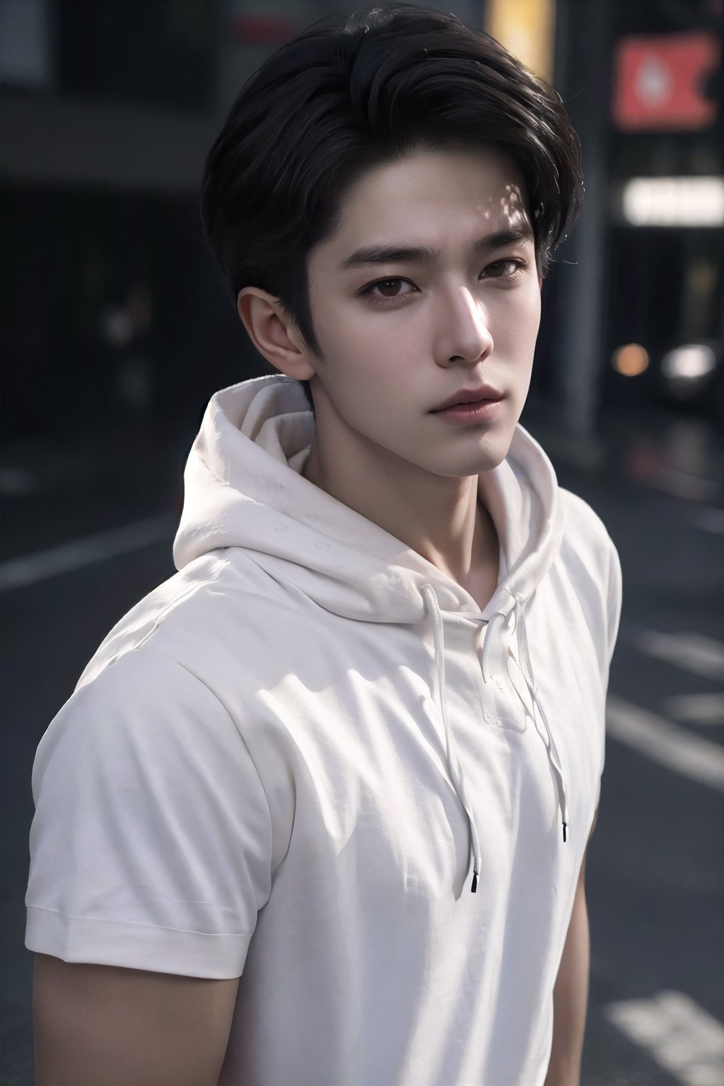 Masterpiece, Best Quality, (8k resolution), (ultra-detailed), perfection, 1boy, black hair, (white shirt, hoodie), undercut, muscle, Handsome Korean man,Height above 180cm,The face is clean and free of scum,Not short sideburns, Medium distribution type,cyberpunk style, middle of the street, Shibuya, scenery, cowboy shot, Look down from above, looking at viewer, intricately detailed.