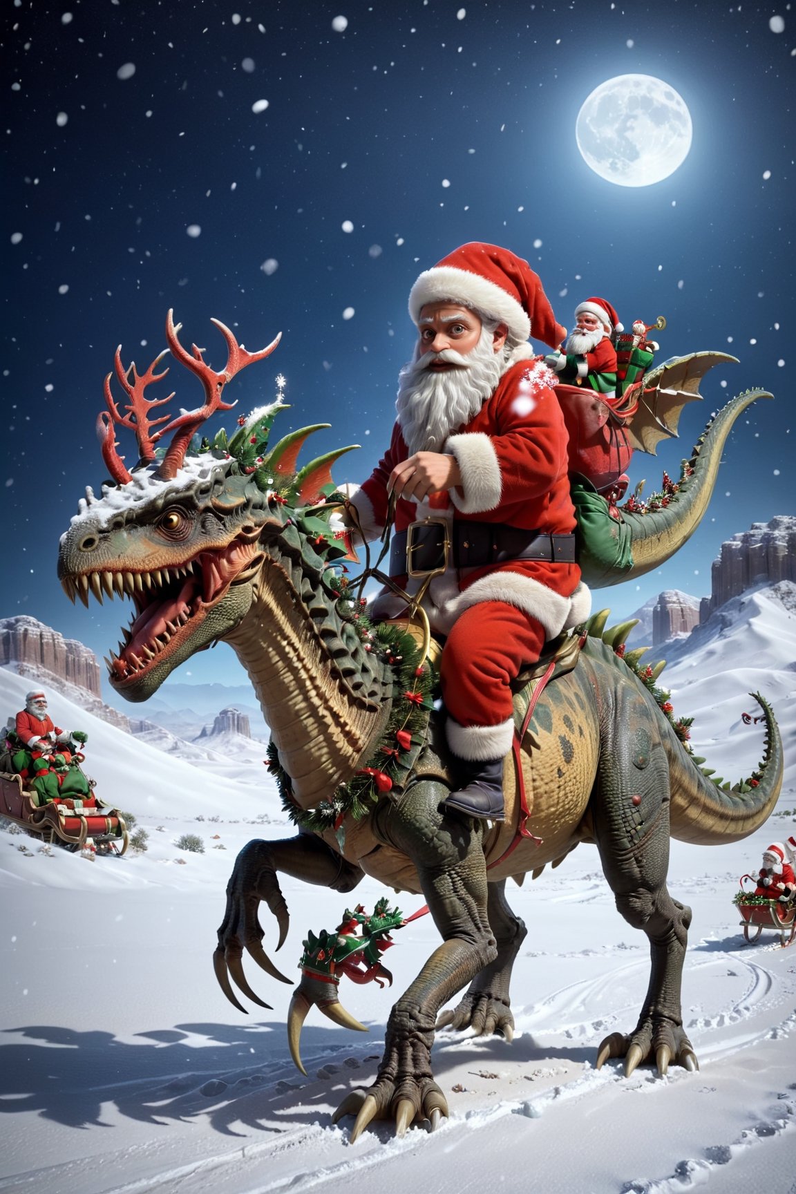 4k Quality, photograph Quality,masterpiece, curly , slim, visible ribs,masterpiece, 1santa claus, santa claus riding dinosaur at the desert, snowing desert, Ankylosaurus_Dinosaur, ,ral-chrcrts,reindeer_sleigh, front view, many christmax details, 