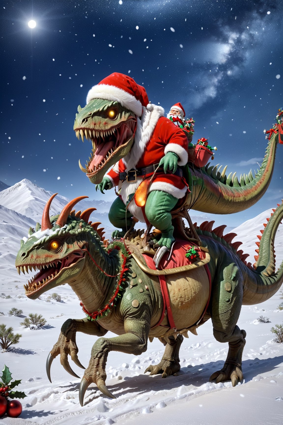 4k Quality, photograph Quality,masterpiece, curly , slim, visible ribs,masterpiece, 1santa claus, santa claus riding dinosaur at the desert, snowing desert, Ankylosaurus_Dinosaur, ,ral-chrcrts,reindeer_sleigh, front view, many christmax details, (many dinosaur:1.5),