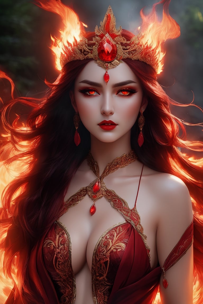 (NSFW), (masterpiece), (best quality), (beautiful eyes: 1.3), 8K, HDR, A headpiece with a fiery red crown, long hair of blazing crimson, a central flame pattern on the forehead, red eyeshadow, fiery crimson pupils, (eyes burning like flames:1.3), red lips, and a body exuding scorching, ((Nude)),