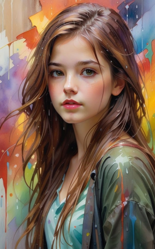 1girl, solo, long hair, looking at viewer, brown hair, closed mouth, upper body, mole, lips, colorful abstract paint on the wall behind her. water color, rain by Daniel Gerhartz