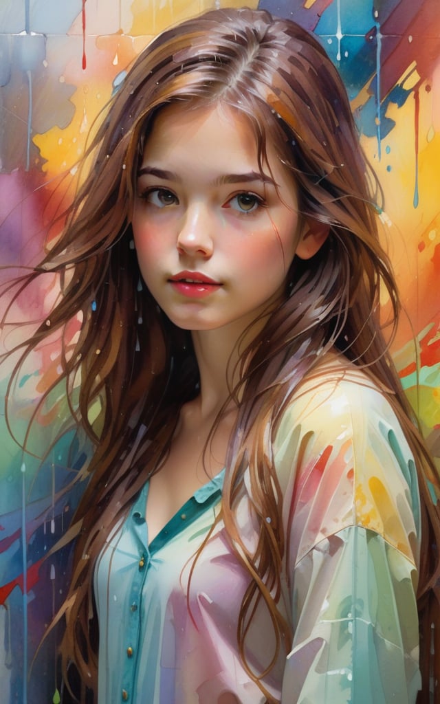 1girl, solo, long hair, looking at viewer, brown hair, closed mouth, upper body, mole, lips, colorful abstract paint on the wall behind her. water color, rain by Daniel Gerhartz