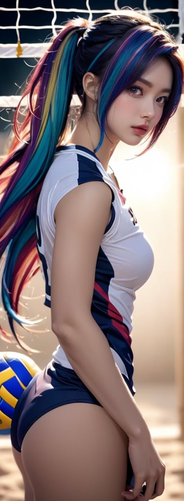 16K, HDR, masterpiece, a girl, (((colorful hair, volleyball outfit))). Half-length side view, anime style illustration with hyper-realistic details, symmetrical face, provocative eyes and soft smile. Enhanced cinematic lighting, lens flare and bokeh effects. Influenced by the art of H.R. Giger and Beksinski, presented in pastel watercolors and vivid tones.,High detailed 