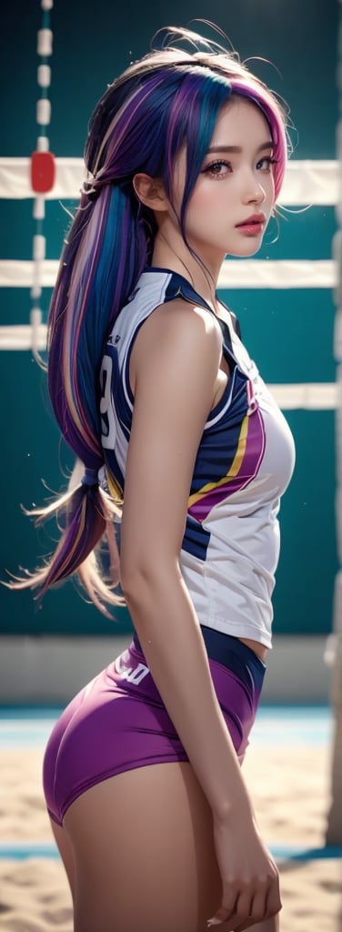 16K, HDR, masterpiece, a girl, (((colorful hair, volleyball outfit))). Half-length side view, anime style illustration with hyper-realistic details, symmetrical face, provocative eyes and soft smile. Enhanced cinematic lighting, lens flare and bokeh effects. Influenced by the art of H.R. Giger and Beksinski, presented in pastel watercolors and vivid tones.,High detailed 