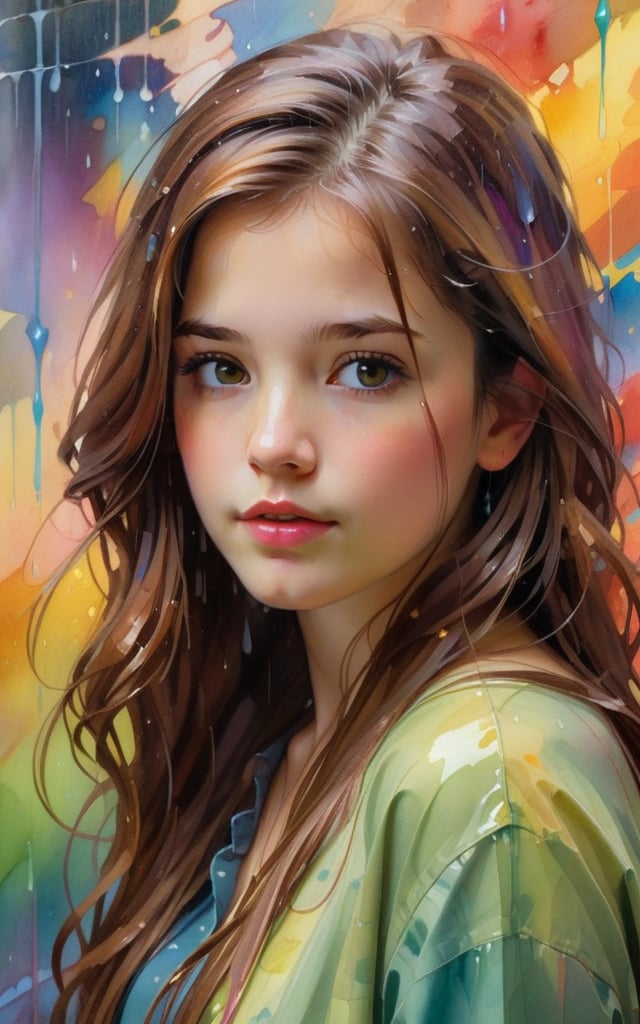 1girl, solo, long hair, looking at viewer, brown hair, closed mouth, upper body, mole, lips, colorful abstract paint on the wall behind her. water color, rain by Daniel Gerhartz