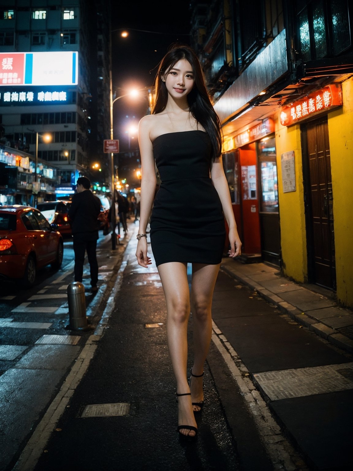 35mm photograph, film, bokeh, professional, (8k), RAW photo, best quality, ultra-detailed, (high detailed skin:1.2), highly detailed,1girl, party dress, black pantyhose, high heels, kpop idol makeup, (closed smile:1.2), natural skin texture, realistic pores skin, (aesthetics and atmosphere:1.2), street, Full body, night, HongKong, ,Hongkong street, Hongkong club