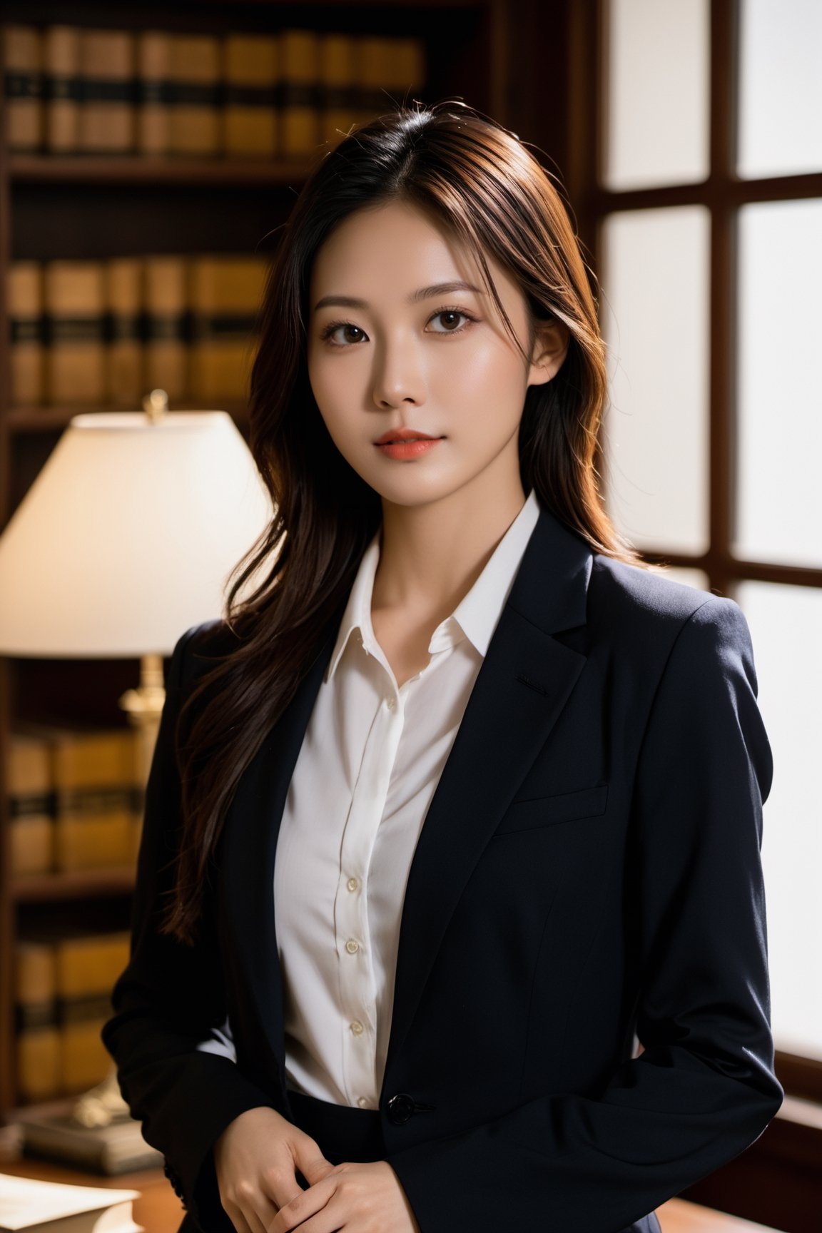 xxmix_girl, 1girl, Realistic, (full body:1.3), Candid Photo of an Asian female lawyer, scene set in a well-furnished office, books lining the shelves behind her, warm color temperature, calm demeanor emphasized, soft smile, hint of contentment evident, captured using a 50mm lens, balance between subject and surroundings, natural lighting from a nearby window, gentle shadows cast, serene atmosphere