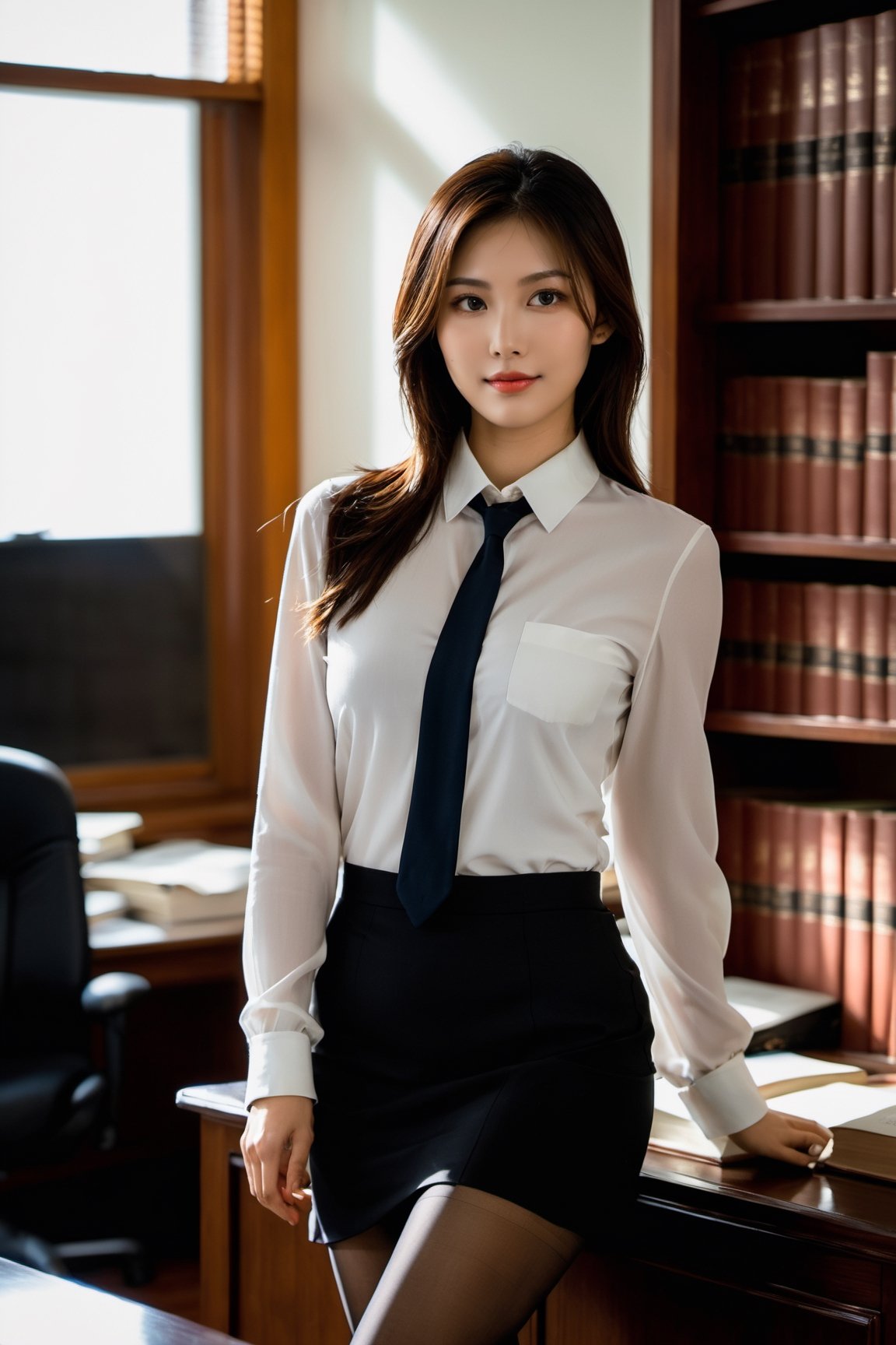 xxmix_girl, 1girl, Realistic, (full body:1.3), Candid Photo of an Asian female lawyer, scene set in a well-furnished office, books lining the shelves behind her, warm color temperature, calm demeanor emphasized, soft smile, (black pantyhose:1.4), hint of contentment evident, captured using a 50mm lens, balance between subject and surroundings, natural lighting from a nearby window, gentle shadows cast, serene atmosphere