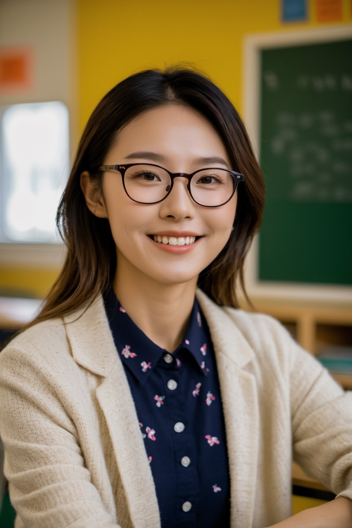 xxmix_girl, 1girl, Realistic photo of an Asian female teacher, glasses. genuine and heartfelt smile, profile-oriented, in a colorful classroom environment featuring student artworks and projects, room atmosphere is cheerful and welcoming, emanating gratitude and satisfaction, captured in the golden hour for the most flattering and natural lighting, using a Sony Alpha 7R III with a 35mm lens at f/2.5 aperture, ISO set at 160 for balanced lighting.