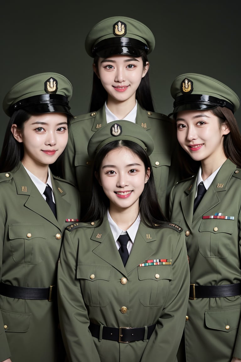 centered,eye contact, (group photo, 3 girls:1.3), standing, photography, chromatic_background,beautiful woman, female korean, soldier, green military uniform, military hat, cowboy shot, big smiles