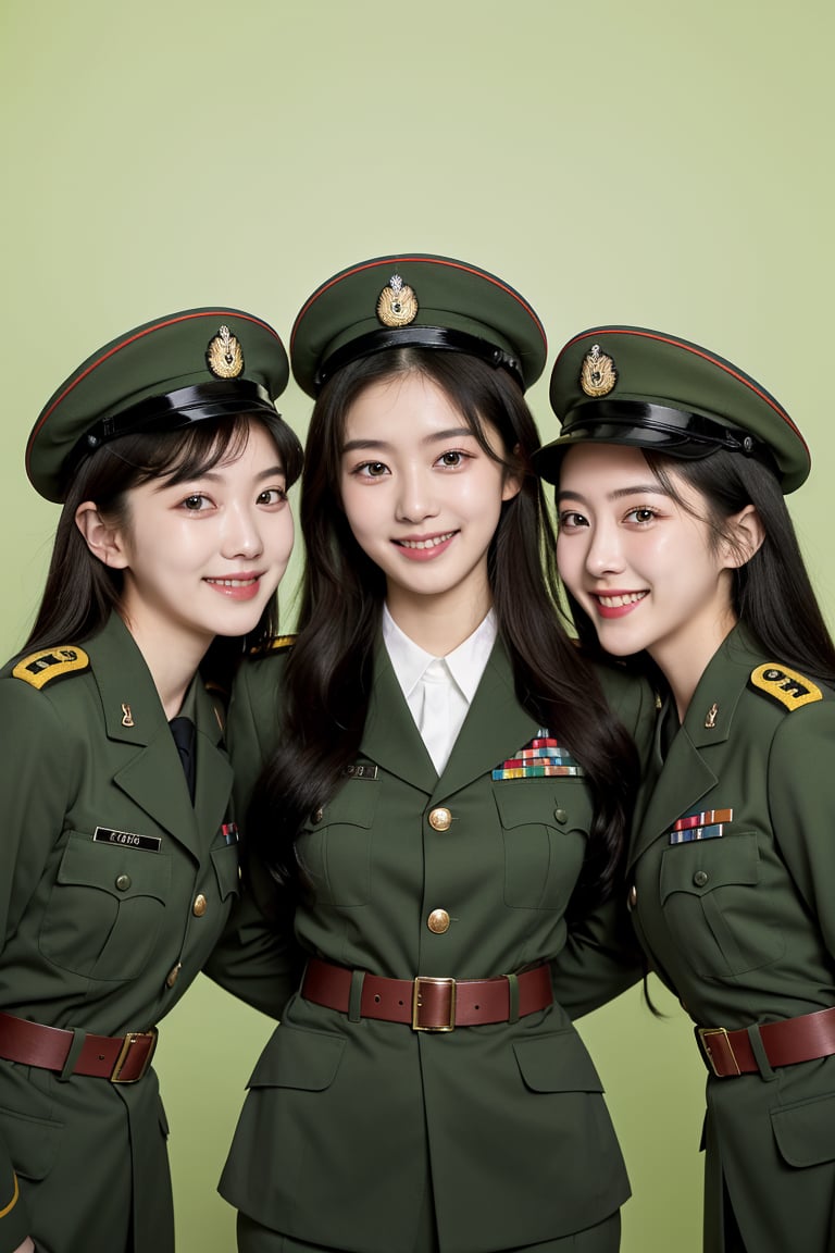 centered,eye contact, (group photo, 3 girls:1.3), standing, photography, chromatic_background,beautiful woman, female korean, soldier, green military uniform, military hat, cowboy shot, big smiles