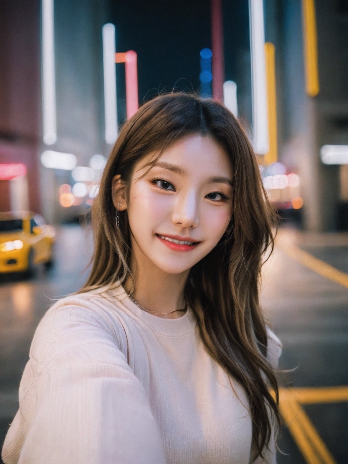 1girl, solo, Texas street, night, winter, cityscape, city lights, upper body, close-up, (selfie:1.2), 8k, RAW photo, best quality, (masterpiece:1.4), realistic, photo-realistic, (closed smile:1.2),  soft smile, kpop idol makeup,yejiltzy,yeji,FilmGirl