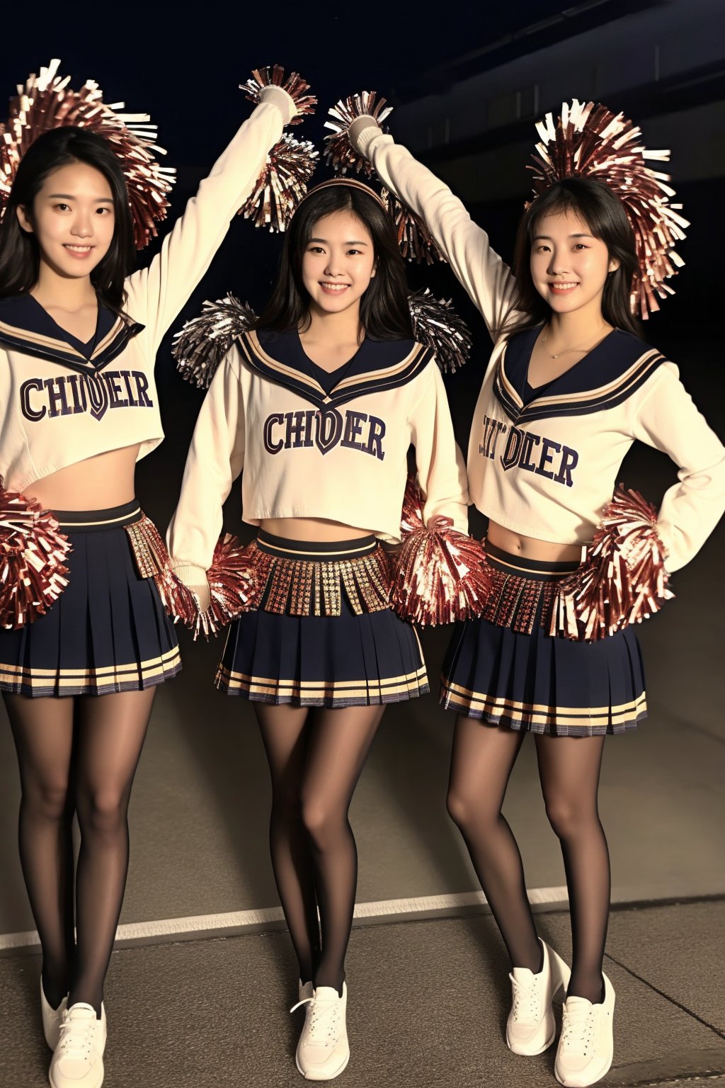 centered,eye contact, Detailedface, (3 girls:1.3) pose, black hair with bangs, look at viewer, bright smile, clearly brown eyes, longfade eyebrow, soft make up, ombre lips, hourglass body, medium breast, (cheerleader theme:1.5), finger detailed, background detailed,ambient lighting, extreme detailed, full body shot, realistic ilustration, (soothing tones:1.3), (hyperdetailed:1.2), girl1-den, black pantyhose,black_footwear