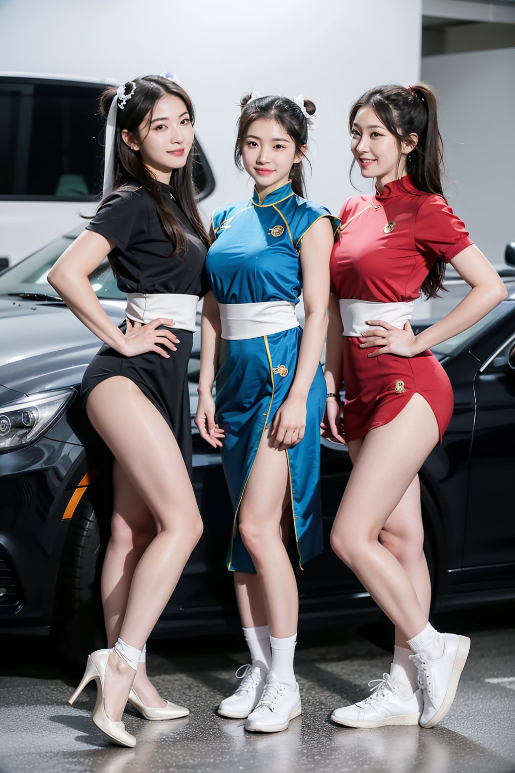 centered,eye contact,Detailedface, (group photo, 3 girls:1.3), standing, posing, hands on waist, photography, in a car garage, sport car background,beautiful woman, female korean, cosplay, chun-li costume, full body, smooth hands, big smiles, black pantyhose, white shoes, Extremely Realistic, chun li