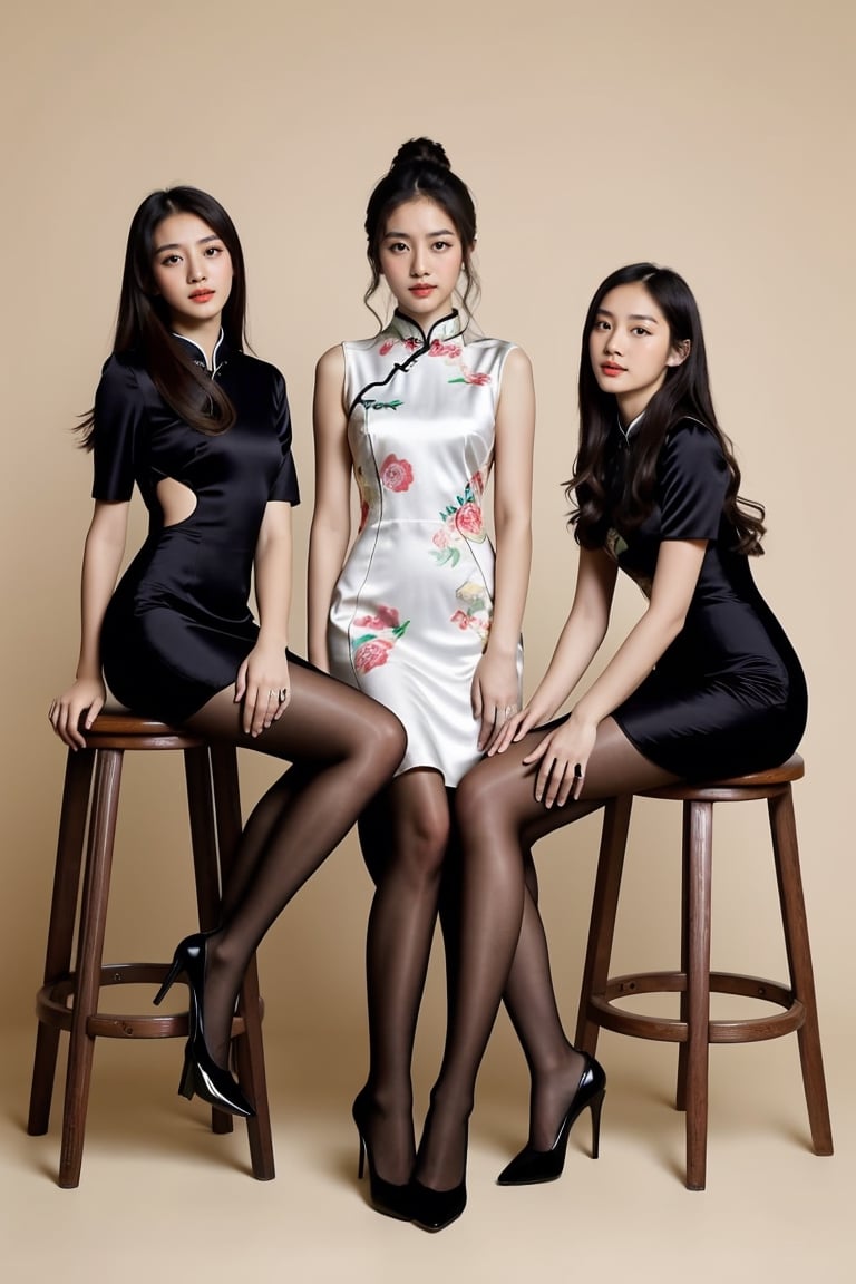 centered,eye contact, group photo, (3 girls:1.3),High heels,photography,chromatic_background,standing,beautiful woman,sitting on a stool,10 years old female chinese,qipao dress, perfect,black pantyhose, sexy pose, cowboy shot, celebration