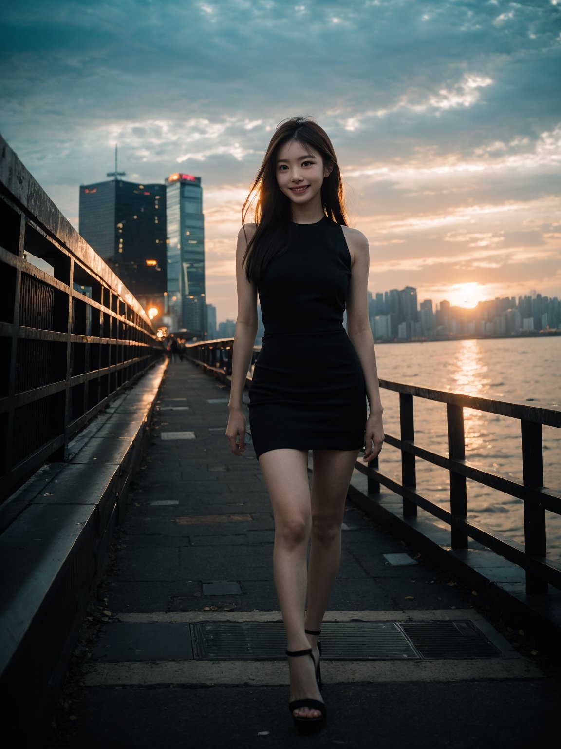 35mm photograph, film, bokeh, professional, (8k), RAW photo, best quality, ultra-detailed, (high detailed skin:1.2), highly detailed,1girl, party dress, pantyhose, high heels, kpop idol makeup, (closed smile:1.2), natural skin texture, realistic pores skin, (aesthetics and atmosphere:1.2), street, sunset, (incredible sky:1.2) Full body, summer, HongKong, ,Hongkong street, y2k