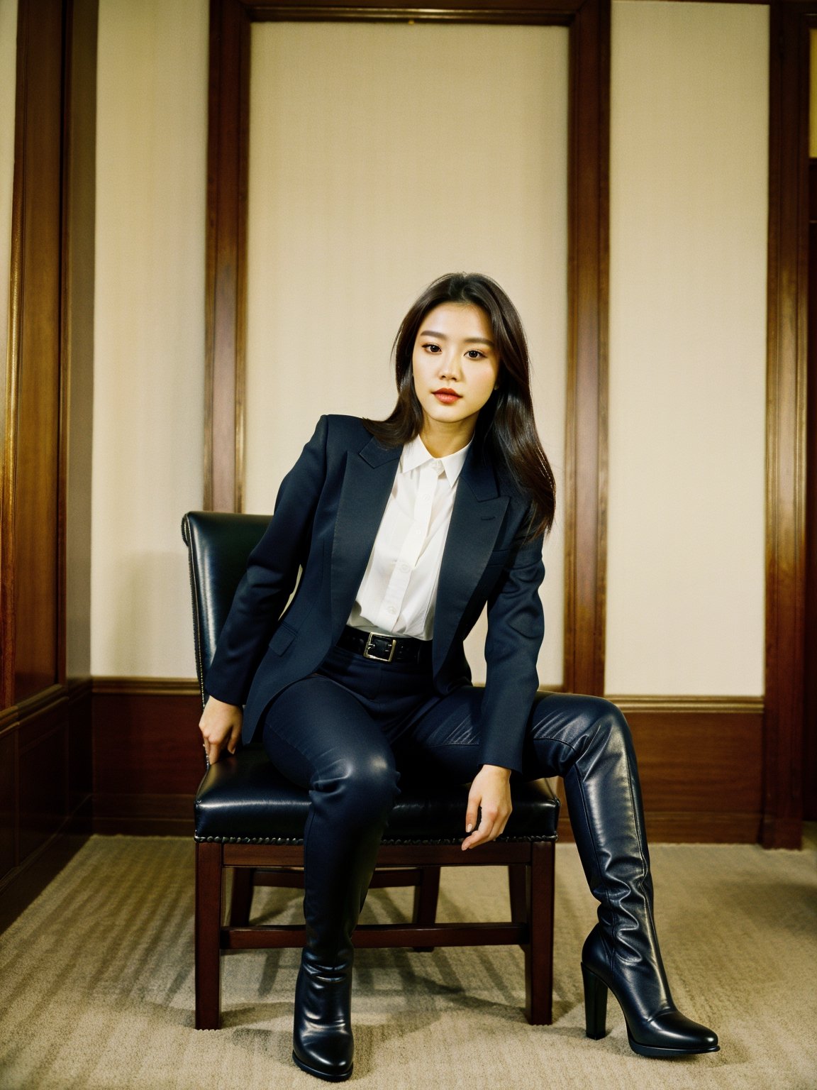 (full body:1.4), 8k, RAW photo, best quality, ((best quality:1.4)), ((masterpiece:1.4)), ((detailed:1.3)), realistic, photo-realistic, woman sitting on a chair in a room with a table and chairs, high boots, girl in a suit, business attire, photoshoot, korean women's fashion model, sexy style, knee-high boots, sexy, kpop idol makeup, business woman, cover shot, office clothes, high fashion classy, tight navy-blue leather outfit,FilmGirl