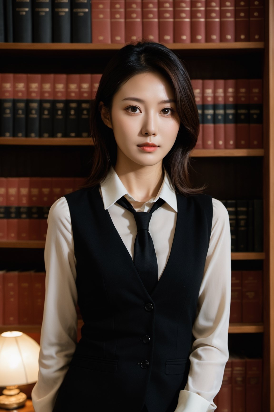 xxmix_girl, 1girl, Realistic, Candid Photo of an Asian female lawyer, reminiscent of the shots by Annie Leibovitz, scene set in a well-furnished office, books lining the shelves behind her, warm color temperature, calm demeanor emphasized, soft smile, black pantyhose, hint of contentment evident, captured using a 50mm lens, balance between subject and surroundings, natural lighting from a nearby window, gentle shadows cast, serene atmosphere