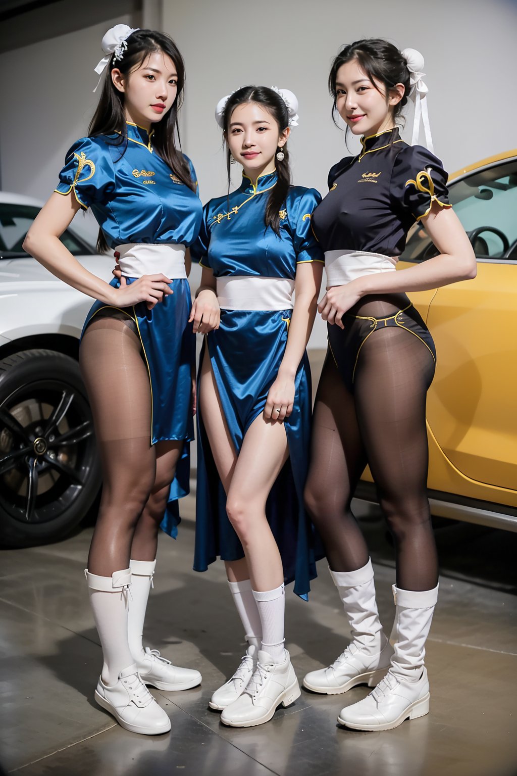 centered,eye contact,Detailedface, (group photo, 3 girls:1.3), standing, posing, hands on waist, photography, in a car garage, sport car background,beautiful woman, female korean, cosplay, chun-li costume, full body, smooth hands, big smiles, black pantyhose, white shoes, Extremely Realistic, chun li