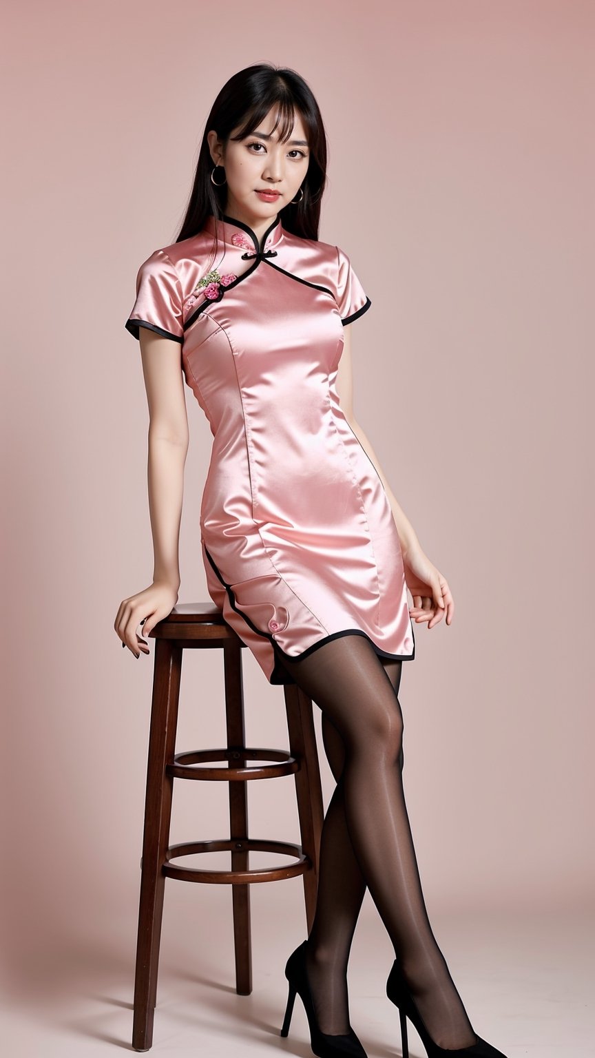 centered,eye contact,1girl,High heels,photography,unfocused pink background,standing,beautiful woman,sitting on a stool,40 years old woman chinese,qipao dress, perfect,black pantyhose, sexy pose,  cowboy shot