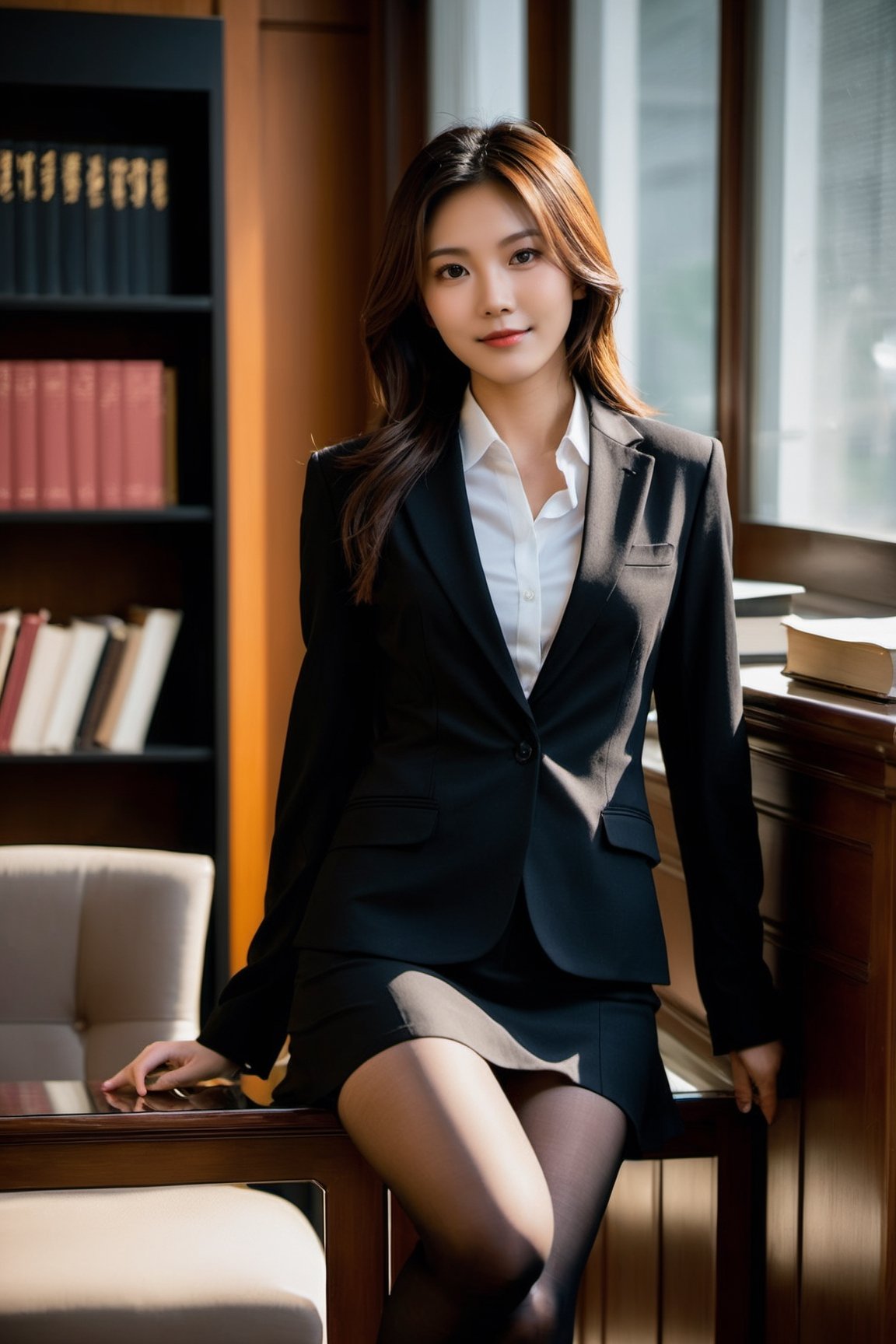 xxmix_girl, 1girl, Realistic, Candid Photo of an Asian female lawyer, scene set in a well-furnished office, books lining the shelves behind her, warm color temperature, calm demeanor emphasized, soft smile, ((black pantyhose)), hint of contentment evident, captured using a 50mm lens, balance between subject and surroundings, natural lighting from a nearby window, gentle shadows cast, serene atmosphere