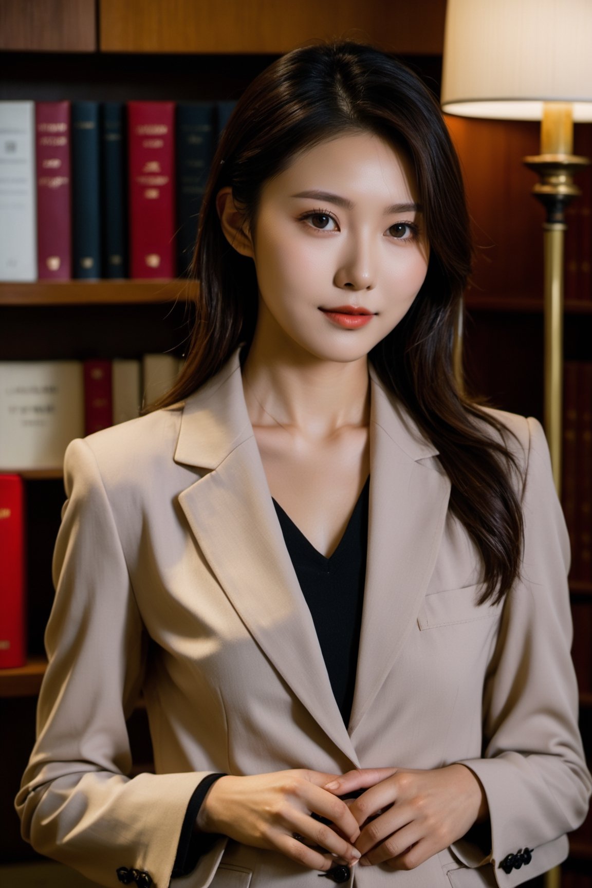 xxmix_girl, 1girl, Realistic, Candid Photo of an Asian female lawyer, scene set in a well-furnished office, books lining the shelves behind her, warm color temperature, calm demeanor emphasized, soft smile, (black pantyhose), hint of contentment evident, captured using a 50mm lens, balance between subject and surroundings, natural lighting from a nearby window, gentle shadows cast, serene atmosphere
