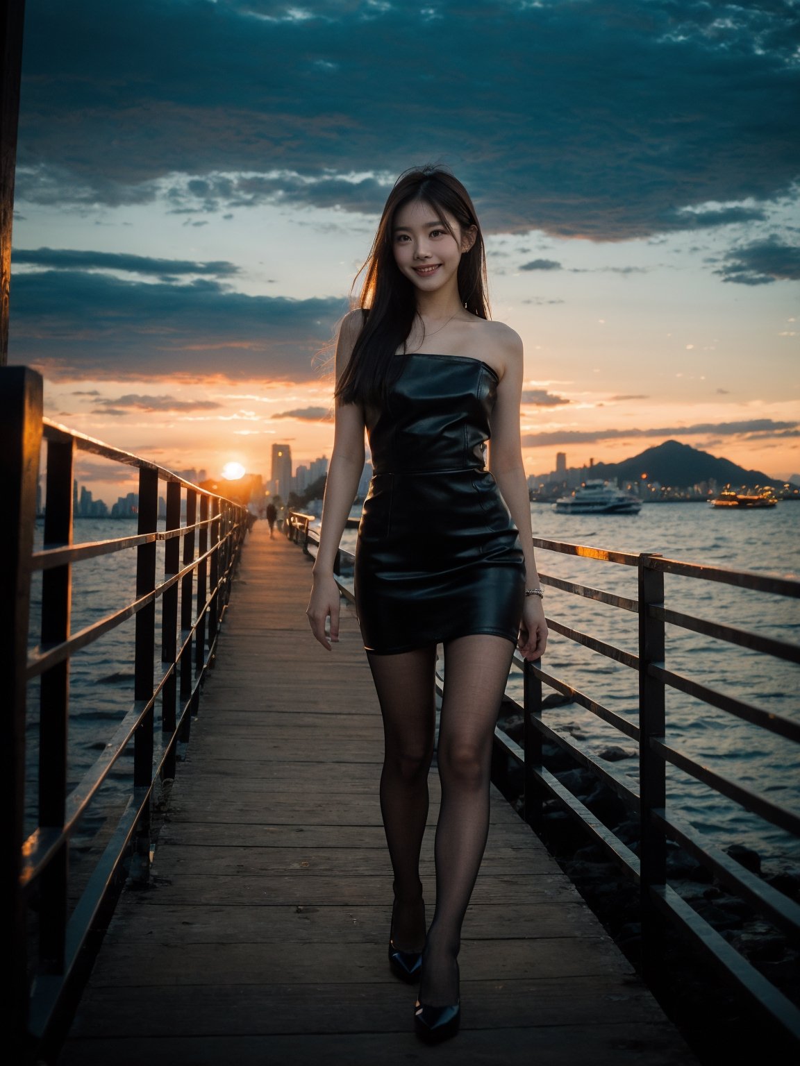 35mm photograph, film, bokeh, professional, (8k), RAW photo, best quality, ultra-detailed, (high detailed skin:1.2), highly detailed,1girl, party dress, pantyhose, high heels, kpop idol makeup, (closed smile:1.2), natural skin texture, realistic pores skin, (aesthetics and atmosphere:1.2), street, sunset, (incredible sky:1.2) Full body, summer, HongKong, ,Hongkong street, y2k