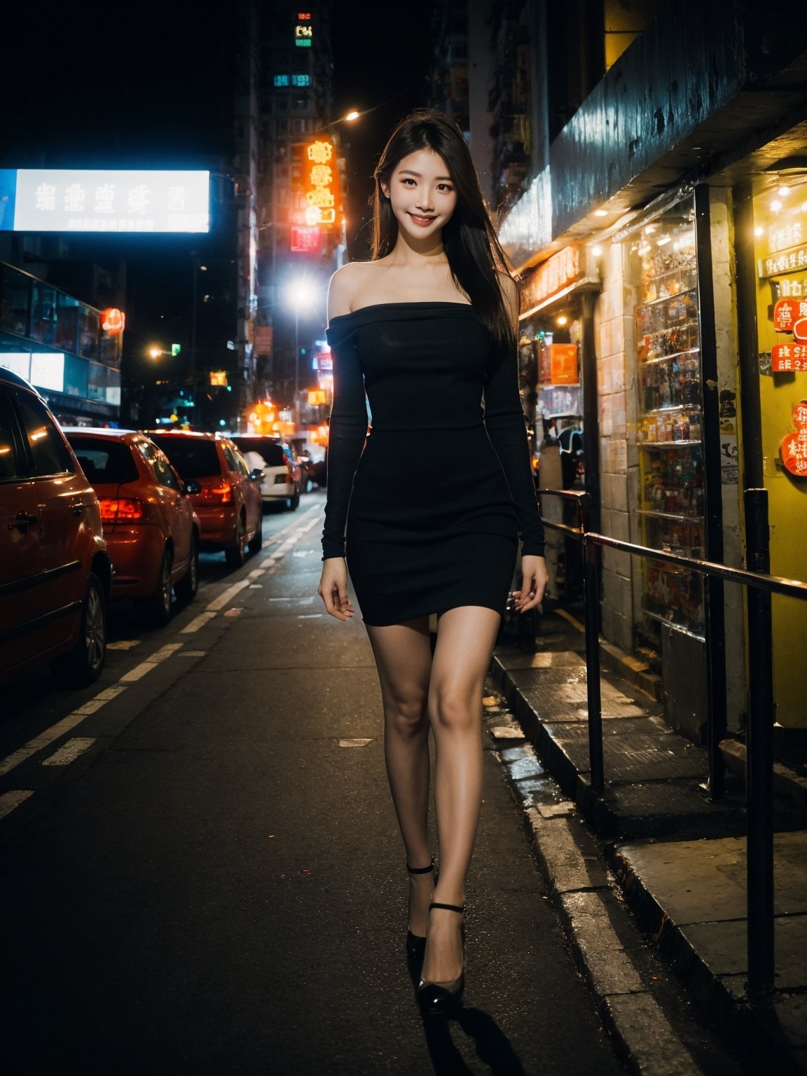 35mm photograph, film, bokeh, professional, (8k), RAW photo, best quality, ultra-detailed, (high detailed skin:1.2), highly detailed,1girl, party dress, black pantyhose, high heels, kpop idol makeup, (closed smile:1.2), natural skin texture, realistic pores skin, (aesthetics and atmosphere:1.2), summer, street, Full body, night, (incredible sky:1.2), HongKong, ,Hongkong street