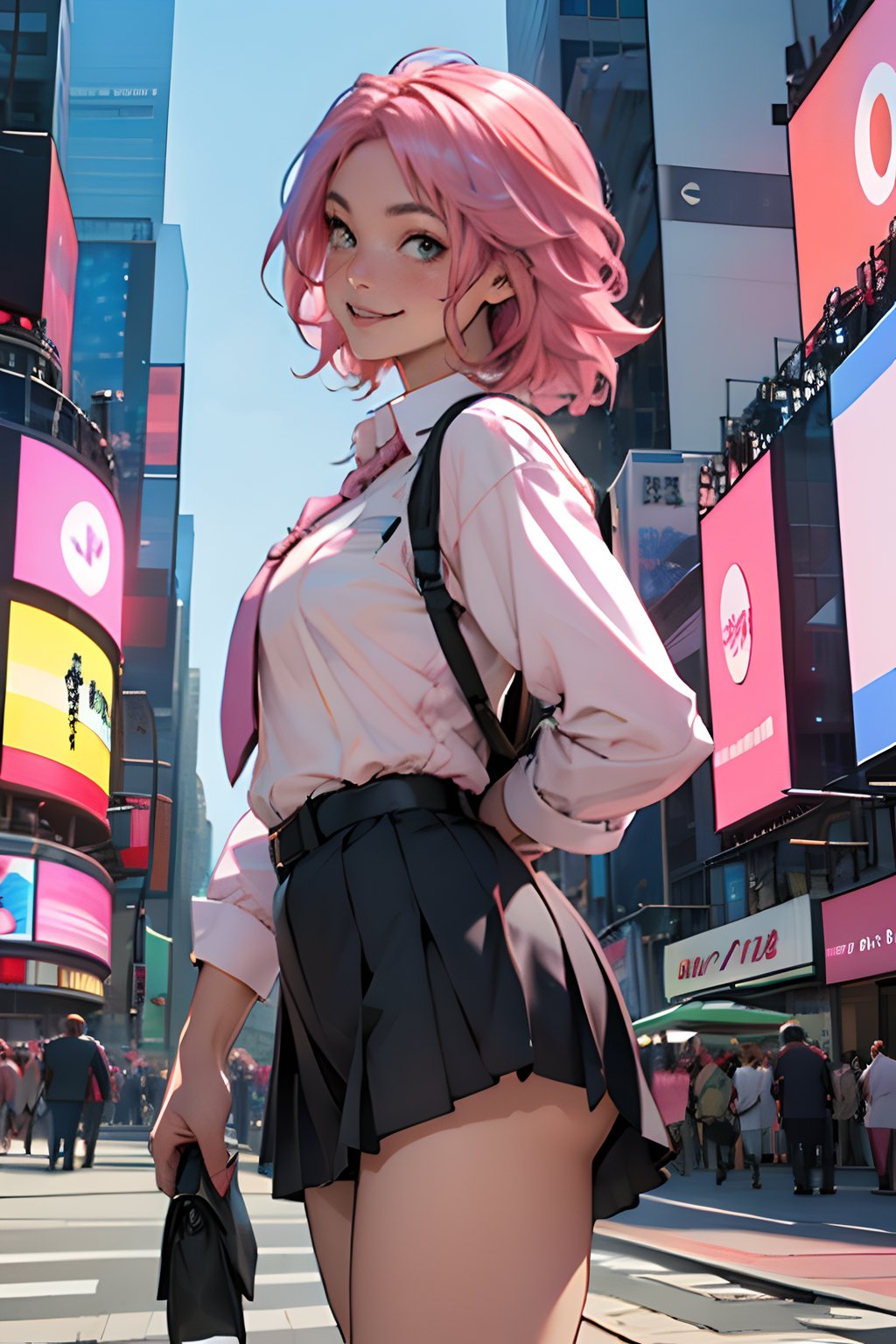 best quality,masterpiece,8k,1girl,(pink hair:1.8),cowboy shot,day,light smile,school uniform,Times Square USA