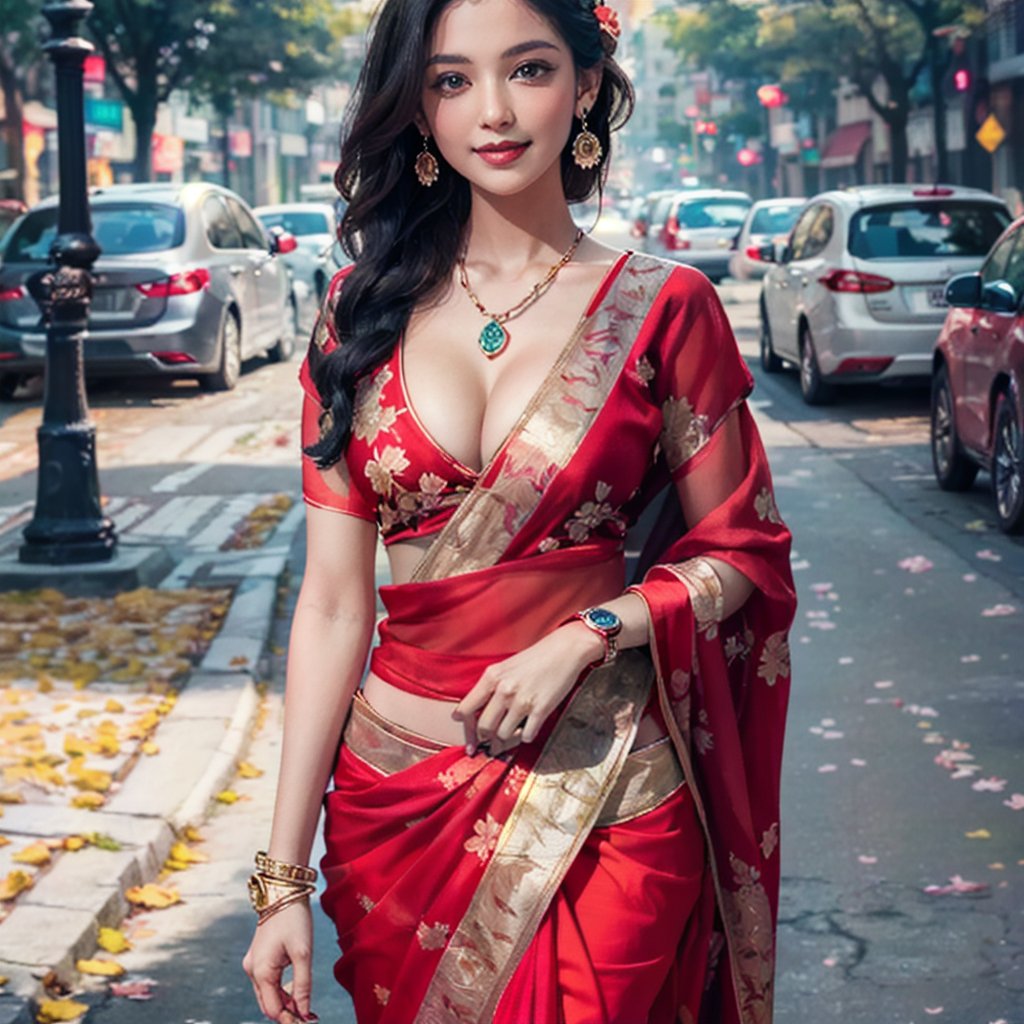 A hot normal height girl showing her cleavage in a soft red saree with flowers; she has magical eyes; her breast looks like a wonderful creature in this world; walking on the empty street road on a autum evening; sky set to dusk with orangish red color; wears a chain with butterfly pendent which touches her cleavage; wears earrings; rose leaves falls; she wears a premium ladies watch and bangles; walking in the street like an angel; with a cute smile on her beautiful face,fate/stay background