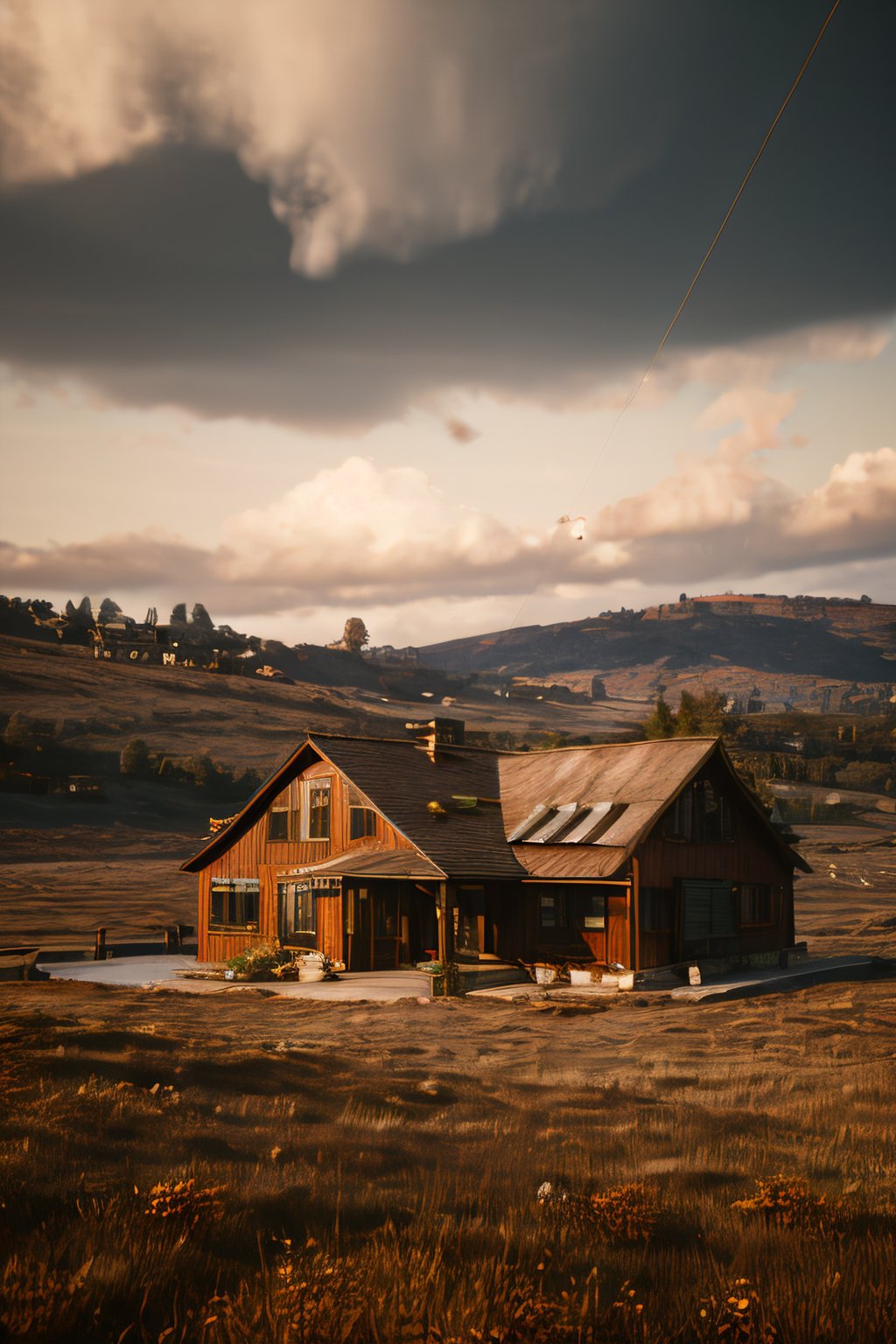 Realistic, (highly extreme detailed), (high quality resolution 4k), photography of an house, far view, surrounded by grass land, sunset, reddish orange sky, cloudy sky, low angle, raining, an umbrella over the house,bokeh, cinematic,(Sandalpunk style),Movie Still, game scene