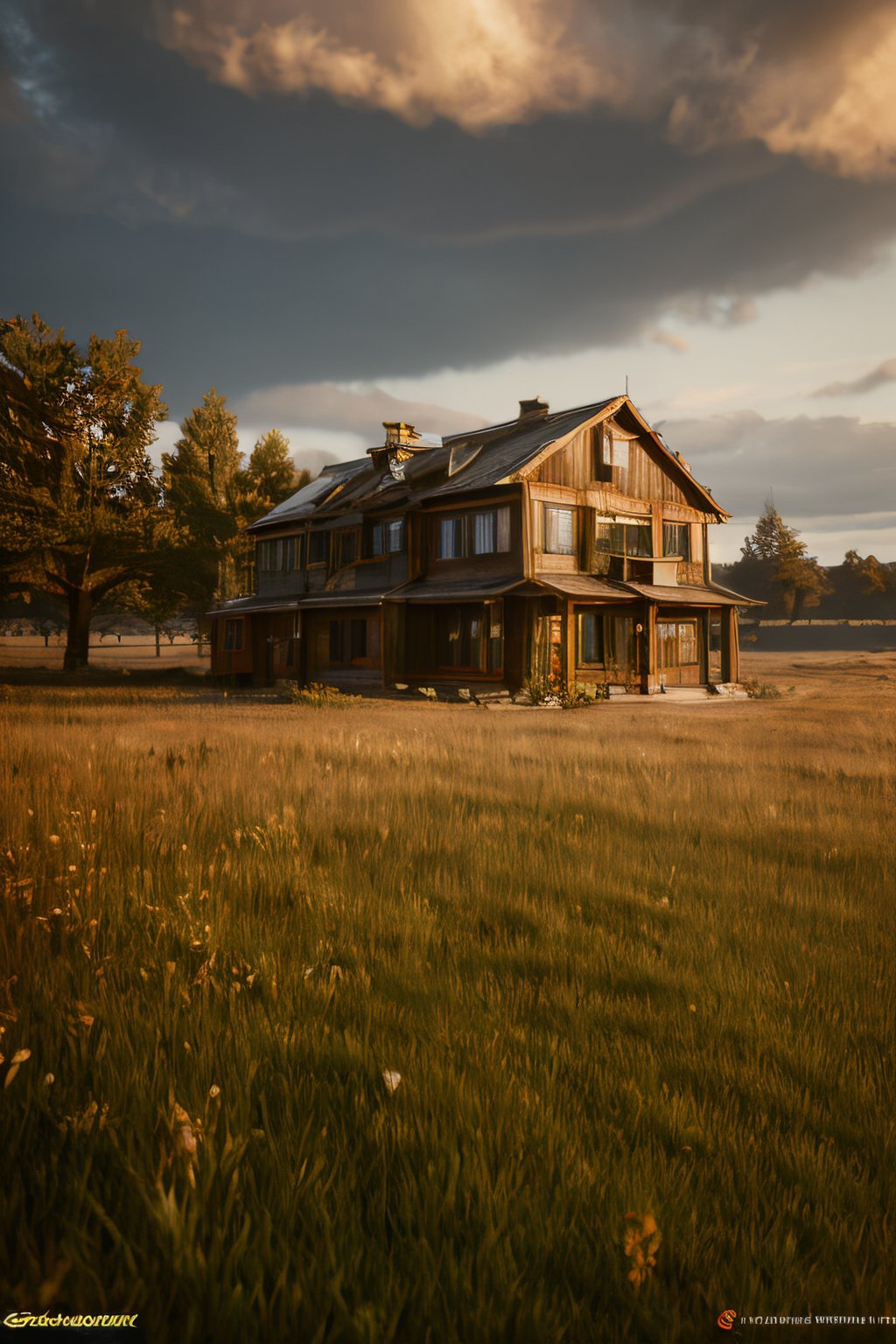 Realistic, (highly extreme detailed), (high quality resolution 4k), photography of an umbrella house, far view, surrounded by grass land, sunset, reddish orange sky, cloudy sky, raining sky, low angle from grass, focus grass, raining,bokeh, cinematic,(Sandalpunk style),Movie Still, game scene