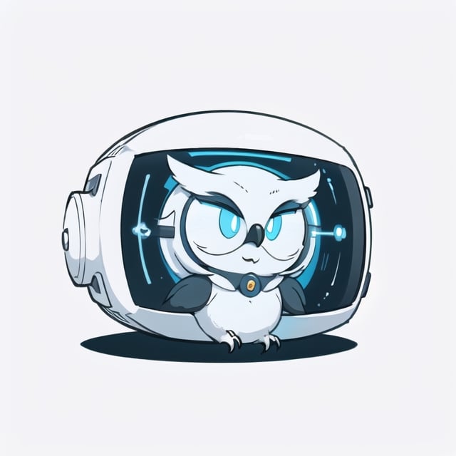 centered, ((solo)), digital art, full body, | cute of fluffy creature used owl face mask, chibi, white, black and blue sky futuristic, neon lights, | (white background:1.2), simple background, | (symetrical), Animal, big laboratory glasses , glowing eyes,neotech