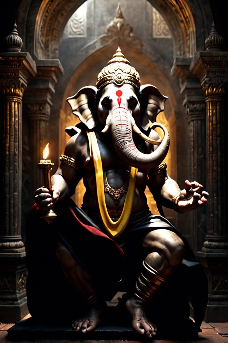 Create an artwork highlighting Ganesha's broken tusk, portraying the resilience of his wisdom and kindness, standing as a testament to lessons learned, perfect composition, many golds on ground, beautiful detailed intricate insanely detailed octane render trending on artstation, 8 k artistic photography, photorealistic concept art, soft natural volumetric cinematic perfect light, chiaroscuro, award - winning photograph, masterpiece, oil on canvas, raphael, caravaggio, greg rutkowski, beeple, beksinski, giger