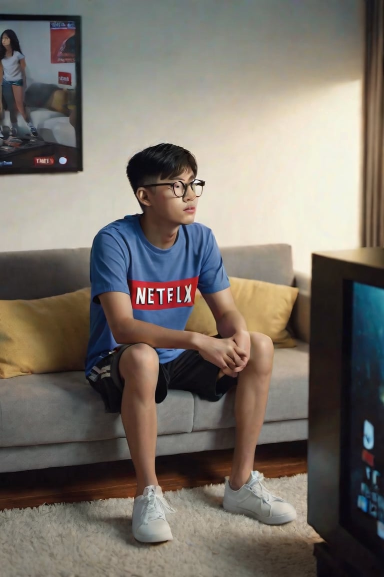 A 20-year-old Asian man wearing glasses, wearing a t-shirt and shorts is sitting on the sofa in the living room of his condo, looking at the television. The picture on the television screen is the Netflix logo. Evening atmosphere. Real picture. High definition 64K Epic cinematic brilliant stunning intricate meticulously detailed dramatic atmospheric maximalist digital matte painting