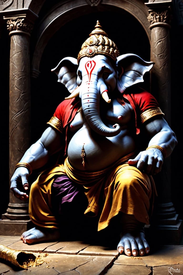 Create an artwork highlighting Ganesha's broken tusk, portraying the resilience of his wisdom and kindness, standing as a testament to lessons learned, perfect composition, many golds on ground, beautiful detailed intricate insanely detailed octane render trending on artstation, 8 k artistic photography, photorealistic concept art, soft natural volumetric cinematic perfect light, chiaroscuro, award - winning photograph, masterpiece, oil on canvas, raphael, caravaggio, greg rutkowski, beeple, beksinski, giger