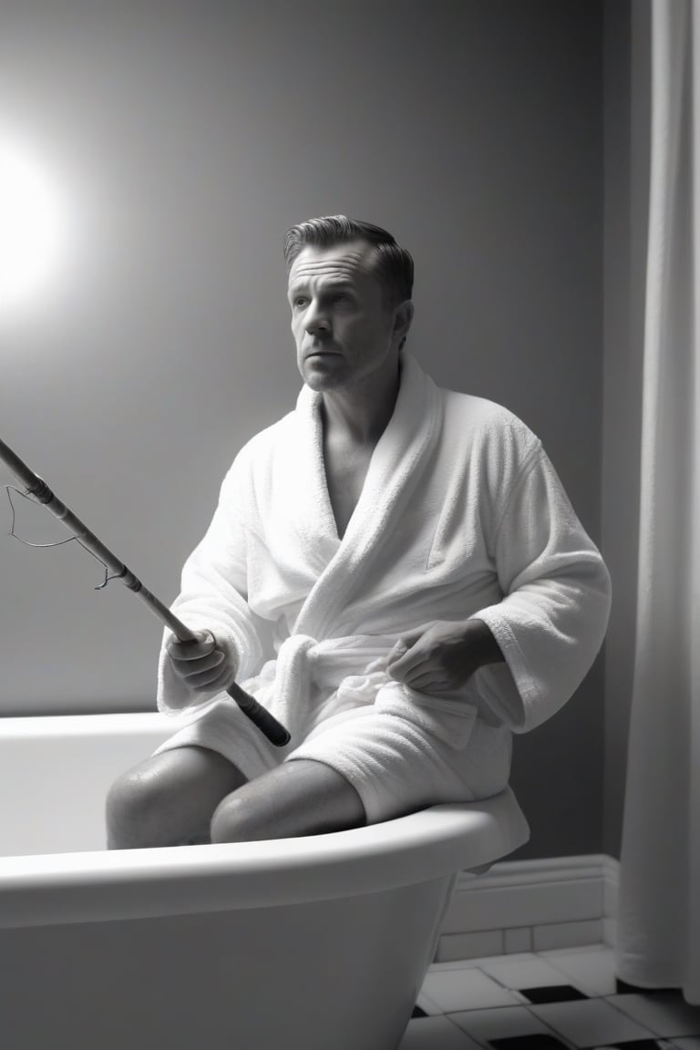 A 40-year-old man sits on the toilet in a bathrobe. fishing rod in hand who is fishing in the bathtub Atmosphere in the bathroom There was morning sunlight shining in. Black and white style, realistic images, high definition, 64K Epic cinematic brilliant stunning intricate meticulously detailed dramatic atmospheric maximalist digital matte painting