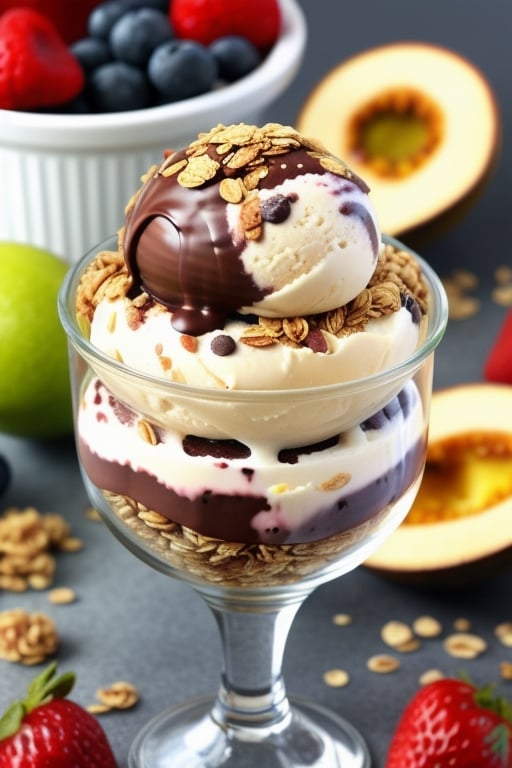 Delicious chocolate scoop ice cream with fruits and granola in a glass bowl on a table surrounded by fruits.