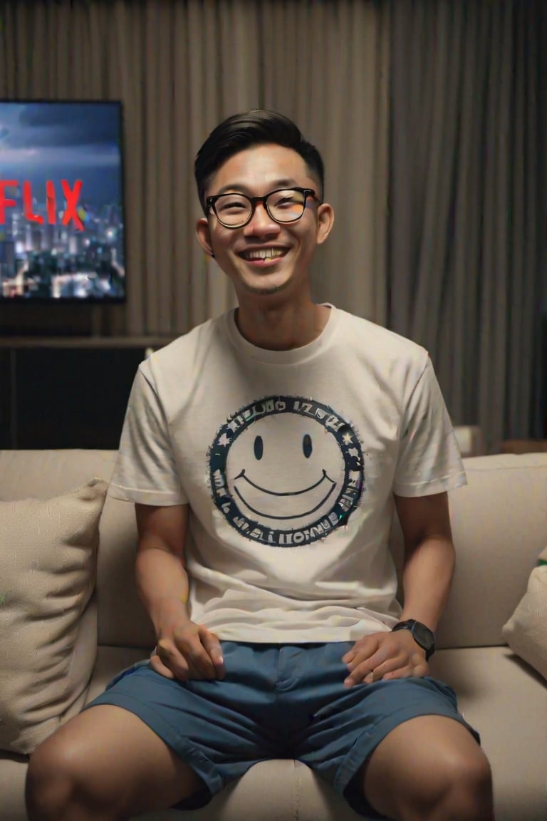 A 30-year-old Asian man wearing glasses, smile face wearing a t-shirt and shorts is sitting on the sofa in the living room of his condo, looking at the television. The picture on the television screen is the Netflix logo. Evening atmosphere. Real picture. High definition 64K Epic cinematic brilliant stunning intricate meticulously detailed dramatic atmospheric maximalist digital matte painting