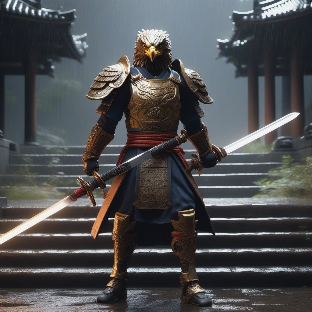 Unreal Engine 5, extreme long shot,action scene.A warrior with an eagle's head in a Japanese swordsman's uniform,holding a two-handed sword,with thunder sword , neon ambiance,abstract black oil,gear mecha,detailed acrylic,grunge,intricate complexity,rendered in unreal engine, photorealistic is walking down the steps of a Japanese temple.There are 30 steps. There is rain falling.The atmosphere is gloomy.It is raining lightly.On the side of the stairs are Japanese warriors.Lying scattered,real images,high definition,64K