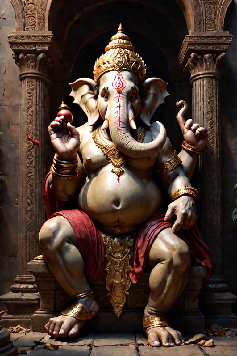 Create an artwork highlighting Ganesha's broken tusk, portraying the resilience of his wisdom and kindness, standing as a testament to lessons learned, perfect composition, many golds on ground, beautiful detailed intricate insanely detailed octane render trending on artstation, 8 k artistic photography, photorealistic concept art, soft natural volumetric cinematic perfect light, chiaroscuro, award - winning photograph, masterpiece, oil on canvas, raphael, caravaggio, greg rutkowski, beeple, beksinski, giger