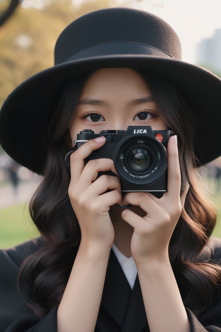 Close up An 18 year old Asian woman with long wavy hair wearing a black cloth hat. Wear a black overcoat Use both hands to lift the LEICA brand film camera and place it close to her face. Preparing to take a photo in the afternoon, a park location, the front is clear, the background is blurred with bokeh, real picture, high definition 8K.,LinkGirl,Masterpiece, ,FilmGirl,aesthetic portrait